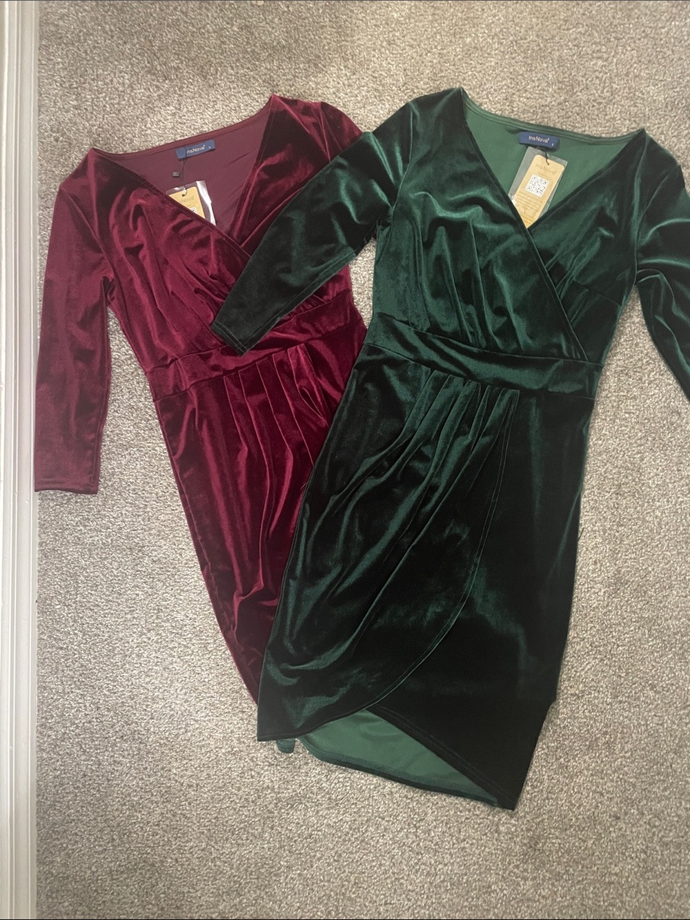 Bundle of 2 NWT Velvet Wrap Long-Sleeve Dress in Emerald and Burgundy!